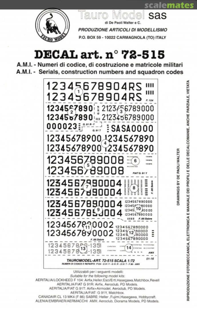 Boxart A.M.I. - Numeri di codice, di costruzione e matricole militari 72-515 Tauro Model Boxart A.M.I. - Numeri di codice, di costruzione e matricole militari 72-515 Tauro Model