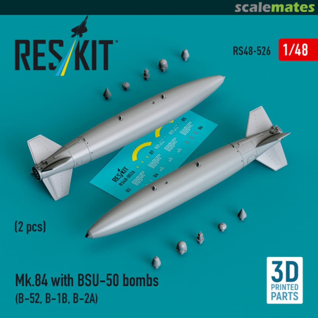 Boxart Mk.84 with BSU-50 bombs (2 pcs) (B-52, B-1B, B-2A) (3D printed) RS48-0526 ResKit Boxart Mk.84 with BSU-50 bombs (2 pcs) (B-52, B-1B, B-2A) (3D printed) RS48-0526 ResKit