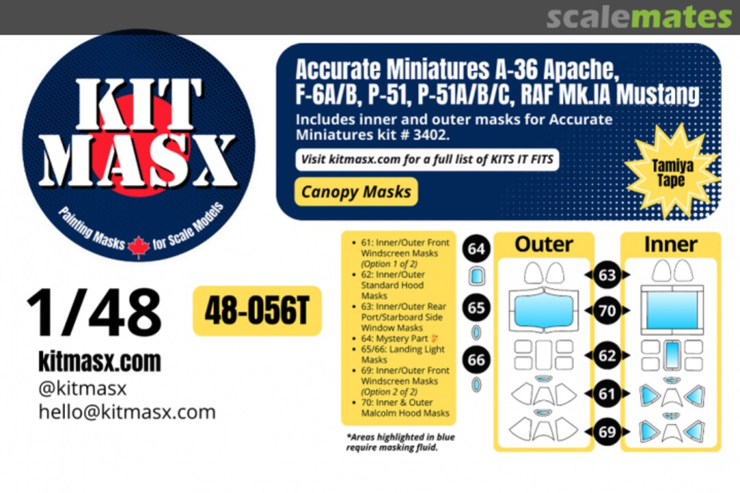 Boxart A-36 Apache, F-6A/B, P-51, P-51A/B/C, RAF Mk.IA Mustang, canopy masks 48-056T Kit Masx Boxart A-36 Apache, F-6A/B, P-51, P-51A/B/C, RAF Mk.IA Mustang, canopy masks 48-056T Kit Masx