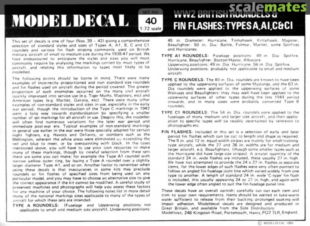 Contents WW2 British Roundels & Fin Flashes: Types A, A1, C & C1 40 Modeldecal Contents WW2 British Roundels & Fin Flashes: Types A, A1, C & C1 40 Modeldecal