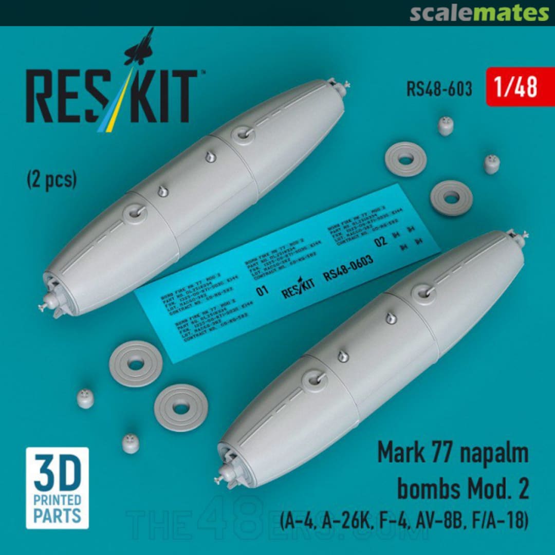 Boxart Mark 77 napalm bombs Mod. 2 (2pcs) (A-4, A-26K, F-4, AV-8B, F/A-18) (3D Printed) RS48-0603 ResKit Boxart Mark 77 napalm bombs Mod. 2 (2pcs) (A-4, A-26K, F-4, AV-8B, F/A-18) (3D Printed) RS48-0603 ResKit