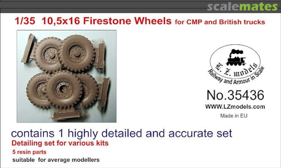 Boxart 10.5x16 Firestone Wheels for CMP and British Trucks 35436 L.Z. Models Boxart 10.5x16 Firestone Wheels for CMP and British Trucks 35436 L.Z. Models