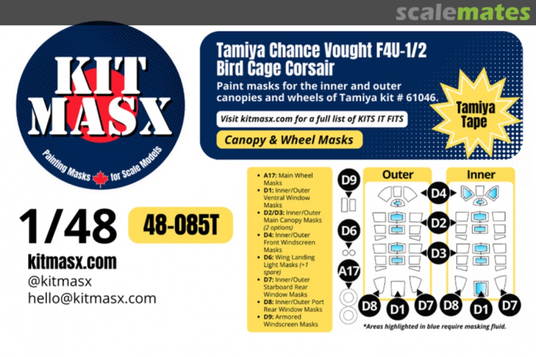 Boxart Chance Vought F4U-1/2 Bird Cage Corsair, canopy & wheel masks 48-085T Kit Masx