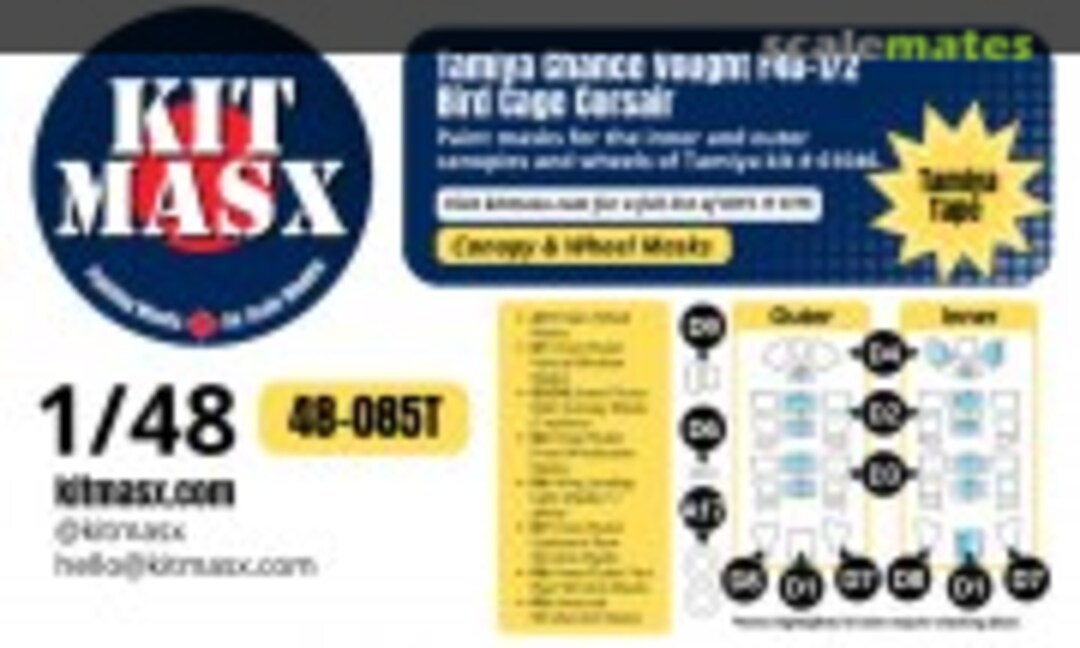 1:48 Chance Vought F4U-1/2 Bird Cage Corsair, canopy & wheel masks (Kit Masx 48-085T) 48-085T