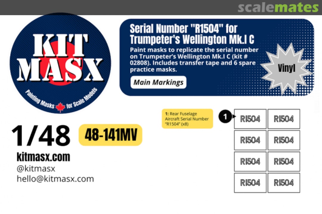 Boxart Serial Number 'R1504' for Wellington Mk.1C, main markings masks 48-141MV Kit Masx Boxart Serial Number 'R1504' for Wellington Mk.1C, main markings masks 48-141MV Kit Masx