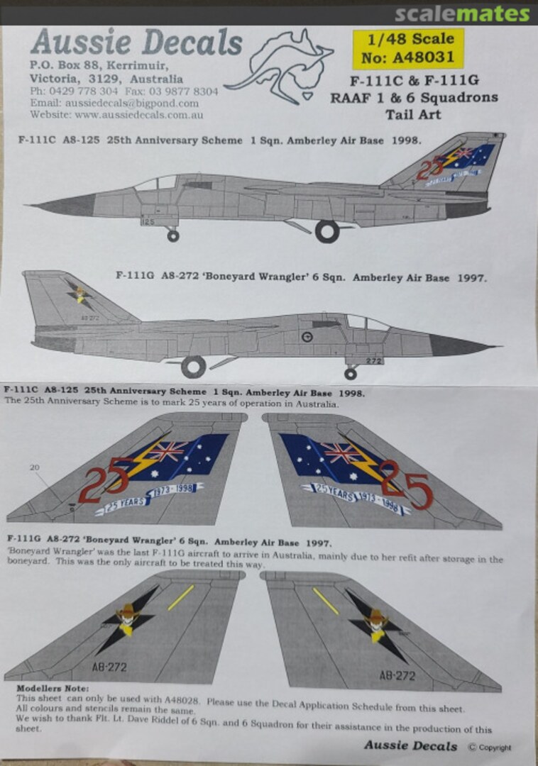 Boxart F-111C & F-111G RAAF 1 & 6 Squadrons Tail Art A48031 Aussie Decals
