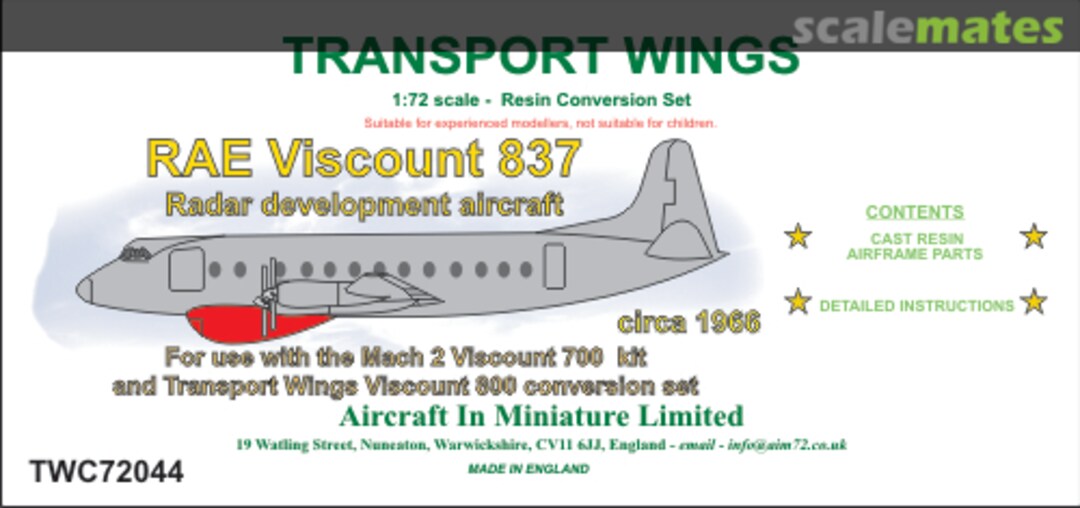 Boxart RAE Vickers Viscount 837 Radar development aircraft TWC72044 Aircraft In Miniature Ltd Boxart RAE Vickers Viscount 837 Radar development aircraft TWC72044 Aircraft In Miniature Ltd
