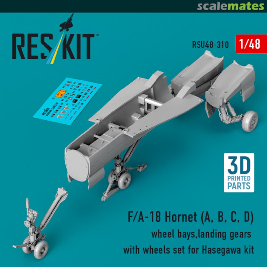 Boxart F/A-18 Hornet (A, B, C, D) - wheel bays, landing gears with wheels set (3D Printed) RSU48-0310 ResKit Boxart F/A-18 Hornet (A, B, C, D) - wheel bays, landing gears with wheels set (3D Printed) RSU48-0310 ResKit