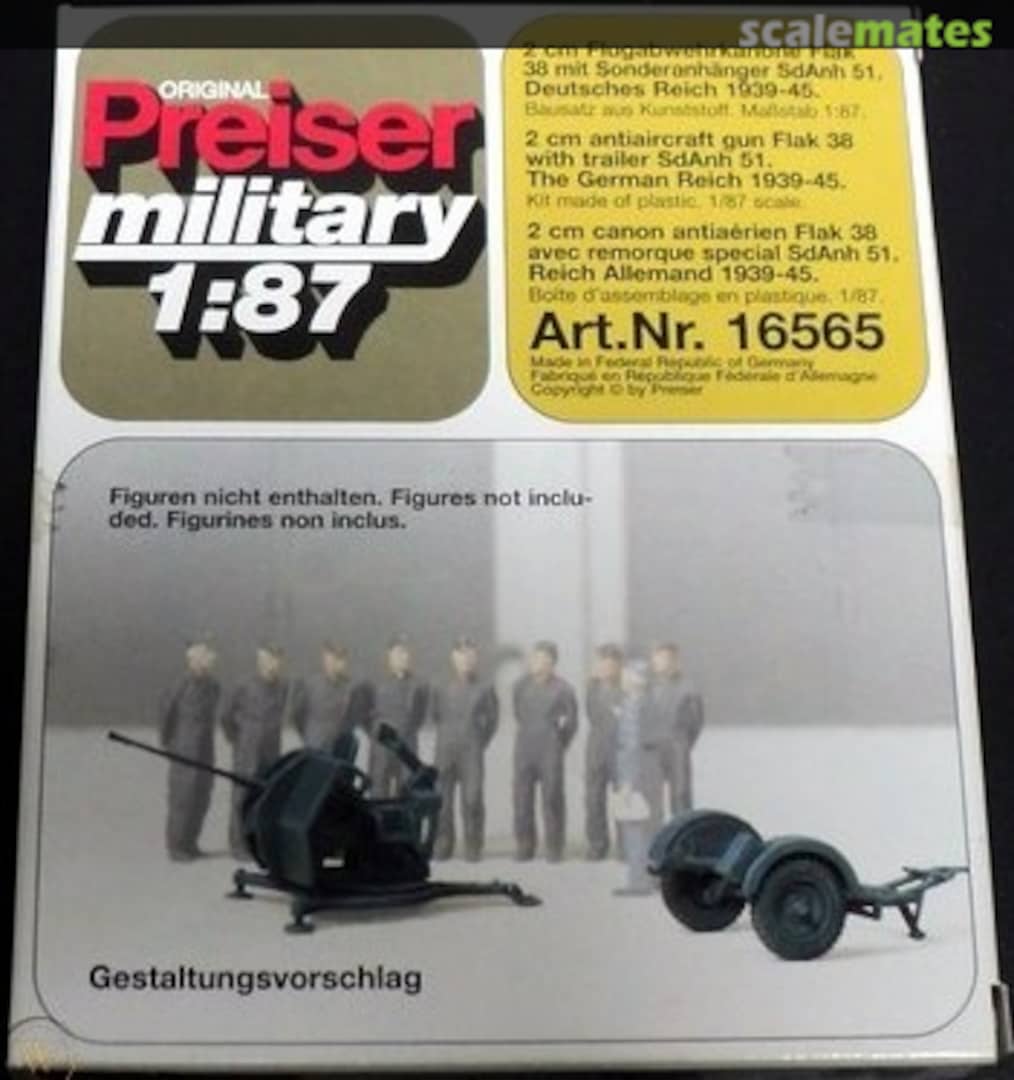 Boxart 2 cm Antiaircraft Gun Flak 38 with trailer SdAnh 51 16565 Preiser Boxart 2 cm Antiaircraft Gun Flak 38 with trailer SdAnh 51 16565 Preiser