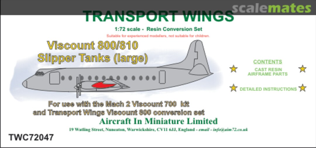 Boxart Vickers Viscount 800/810 Slipper Tanks (large) TWC72047 Aircraft In Miniature Ltd Boxart Vickers Viscount 800/810 Slipper Tanks (large) TWC72047 Aircraft In Miniature Ltd