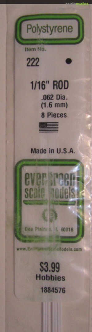 Boxart Polystyrene 1/16” (.062” Dia.) ROD (1.62mm) 222 Evergreen Scale Models