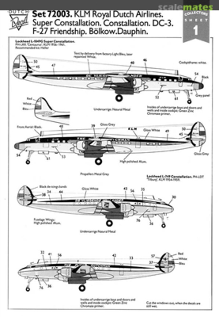 Boxart Set 72003. KLM Royal Dutch Airlines. Super Constellation. Constellation. DC-3. F-27 Friendship. Bölkow.Dauphin. 72003 Dutch Decal Boxart Set 72003. KLM Royal Dutch Airlines. Super Constellation. Constellation. DC-3. F-27 Friendship. Bölkow.Dauphin. 72003 Dutch Decal