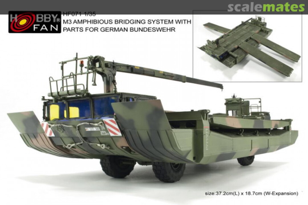 Boxart M3 AMPHIBIOUS BRIDGING SYSTEM WITH PARTS FOR GERMAN ARMY HF071 Hobby Fan Boxart M3 AMPHIBIOUS BRIDGING SYSTEM WITH PARTS FOR GERMAN ARMY HF071 Hobby Fan