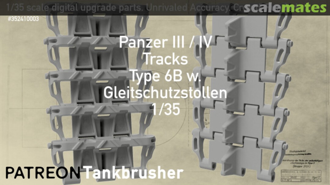 Boxart Panzer III / IV - single link workable tracks Type 6 B w. Gleitschutzstollen 352410003 Tankbrusher Scale Modeling Boxart Panzer III / IV - single link workable tracks Type 6 B w. Gleitschutzstollen 352410003 Tankbrusher Scale Modeling