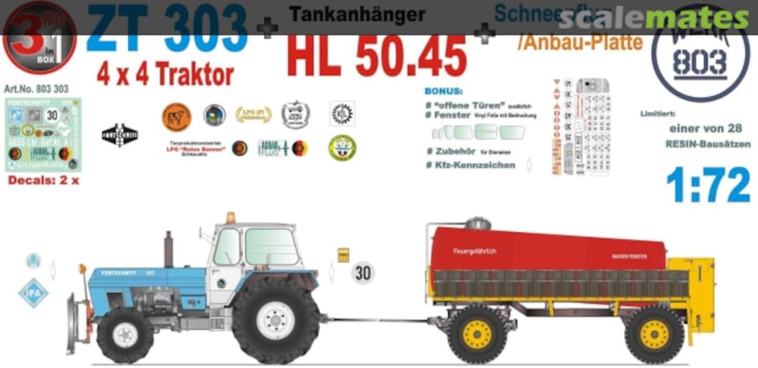 Boxart ZT-303 4x4-tractor with tanktrailer HL50.45 & Snowplough WERK803-303 Werk 803