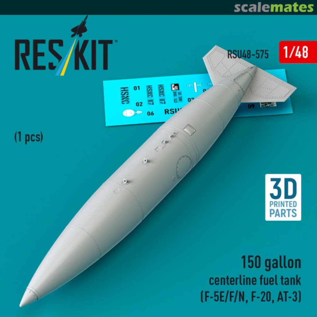 Boxart 150 gallon centerline fuel tank (F-5E/F/N, F-20, AT-3) (1 pcs) (3D Printed) RSU48-0575 ResKit Boxart 150 gallon centerline fuel tank (F-5E/F/N, F-20, AT-3) (1 pcs) (3D Printed) RSU48-0575 ResKit