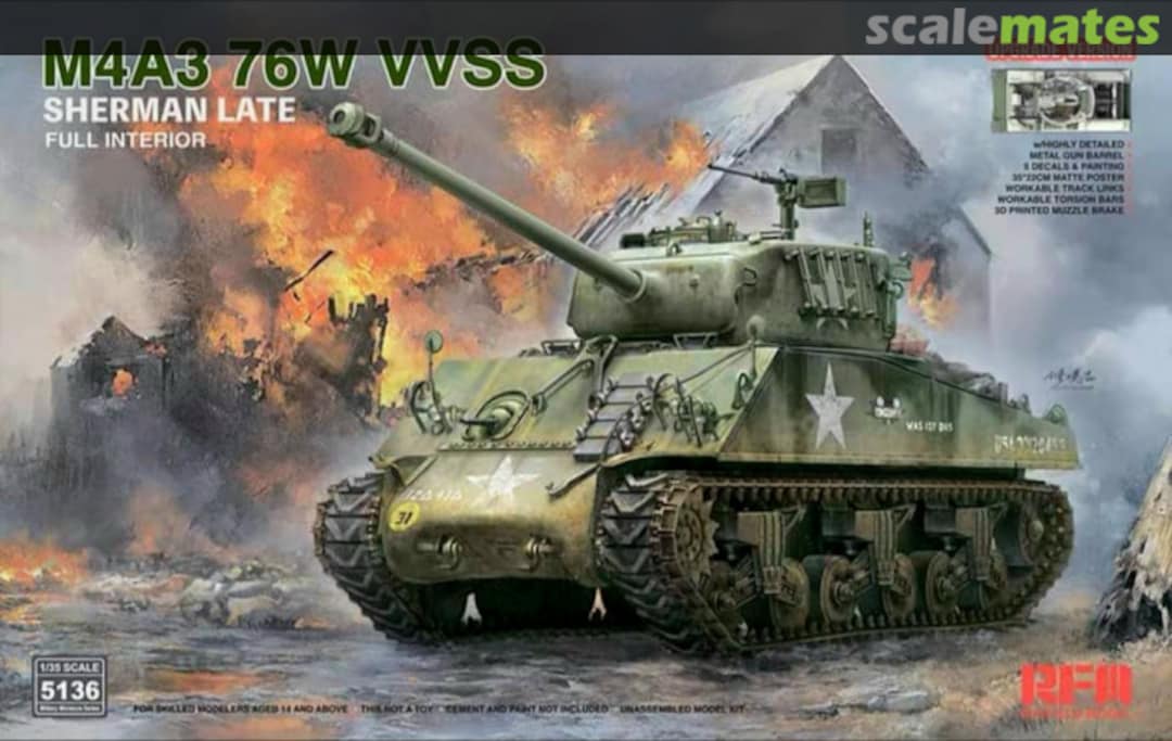 Boxart M4A3 Sherman 76W VVSS Late w/Interior RM-5136 Rye Field Model Boxart M4A3 Sherman 76W VVSS Late w/Interior RM-5136 Rye Field Model