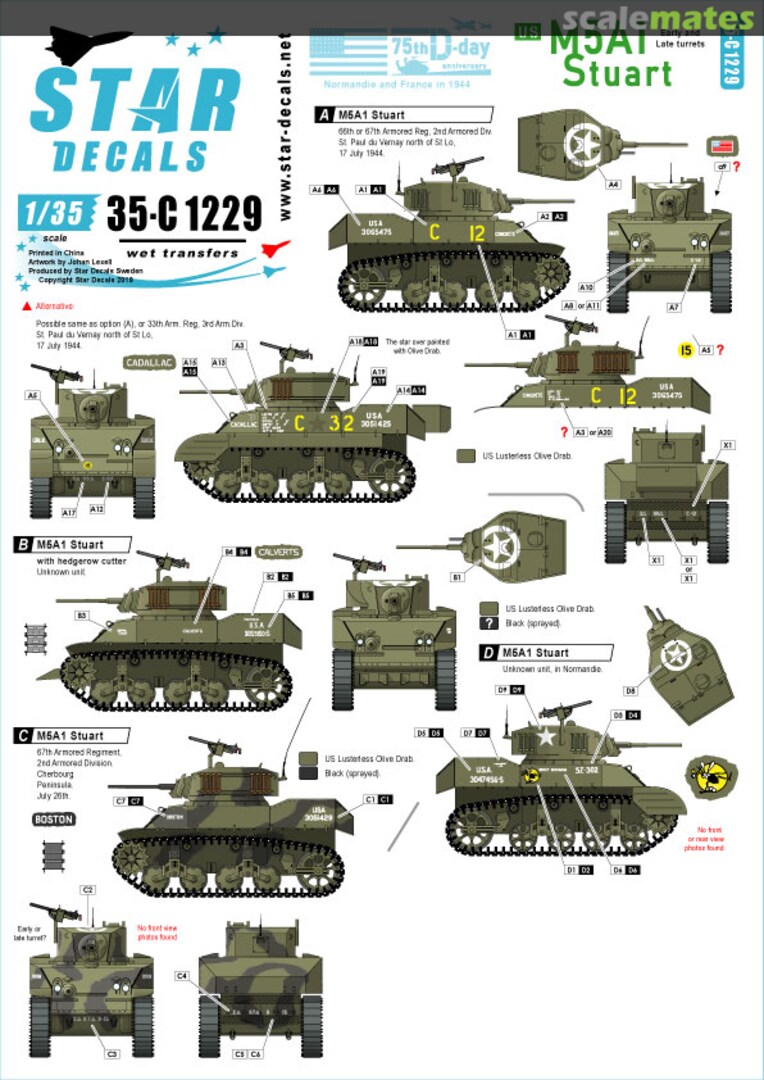 Boxart US M5A1 Stuart Early and Late turrets 35-C1229 Star Decals Boxart US M5A1 Stuart Early and Late turrets 35-C1229 Star Decals