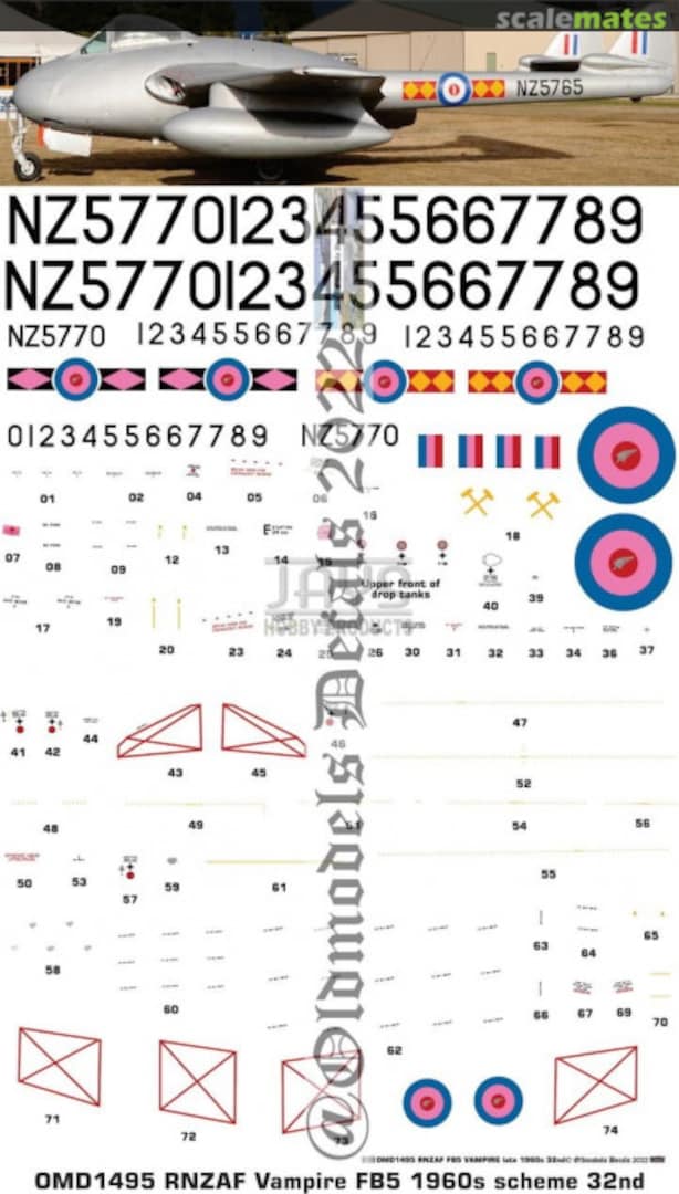 Boxart RNZAF Vampire FB5 1960s scheme OMD1495 Oldmodels Decals Boxart RNZAF Vampire FB5 1960s scheme OMD1495 Oldmodels Decals