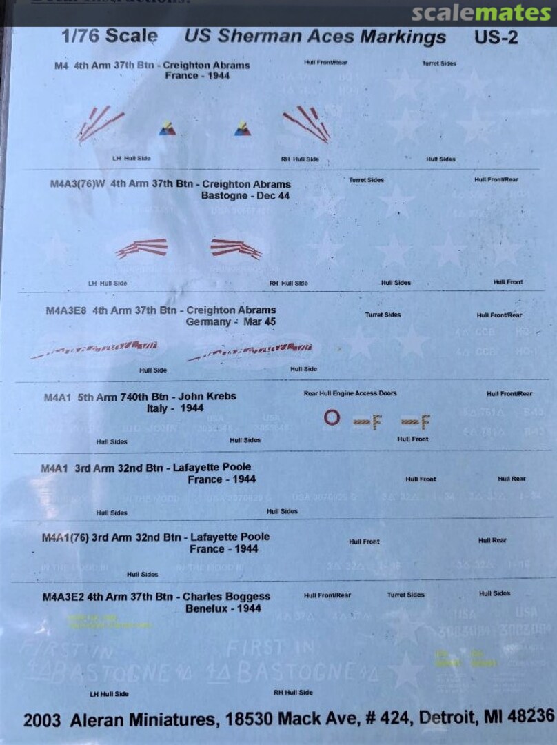 Boxart US M4 Sherman Aces Markings US-2 Aleran Miniatures