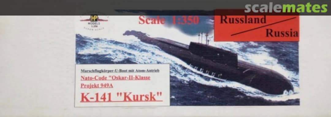 Boxart Marschflugkerper-U-Boot mit Atom-Antrich NATO-Code "Oskar-II-Klasse Projekt 949A K-141 "Kursk" HP-Models Boxart Marschflugkerper-U-Boot mit Atom-Antrich NATO-Code "Oskar-II-Klasse Projekt 949A K-141 "Kursk" HP-Models