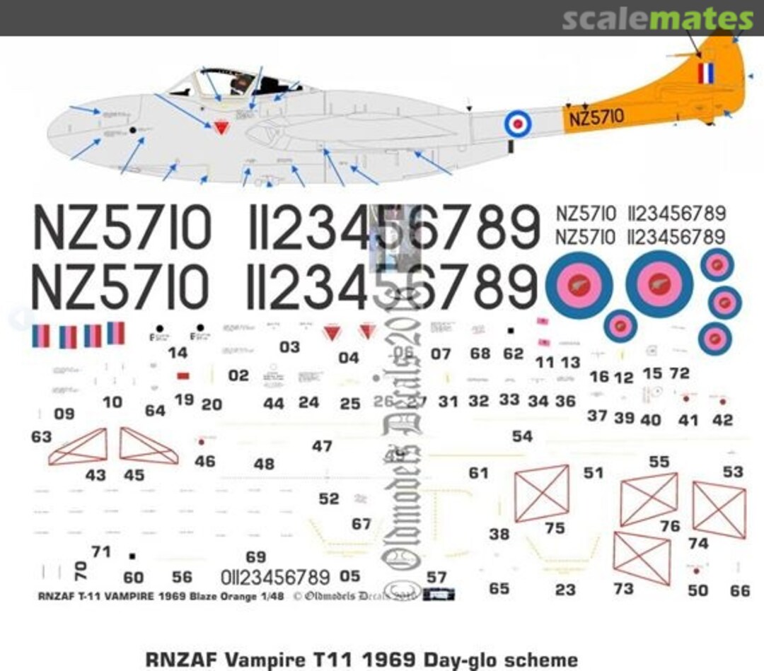 Boxart RNZAF Vampire T11 1969 DayGlo scheme OMD0075 Oldmodels Decals Boxart RNZAF Vampire T11 1969 DayGlo scheme OMD0075 Oldmodels Decals