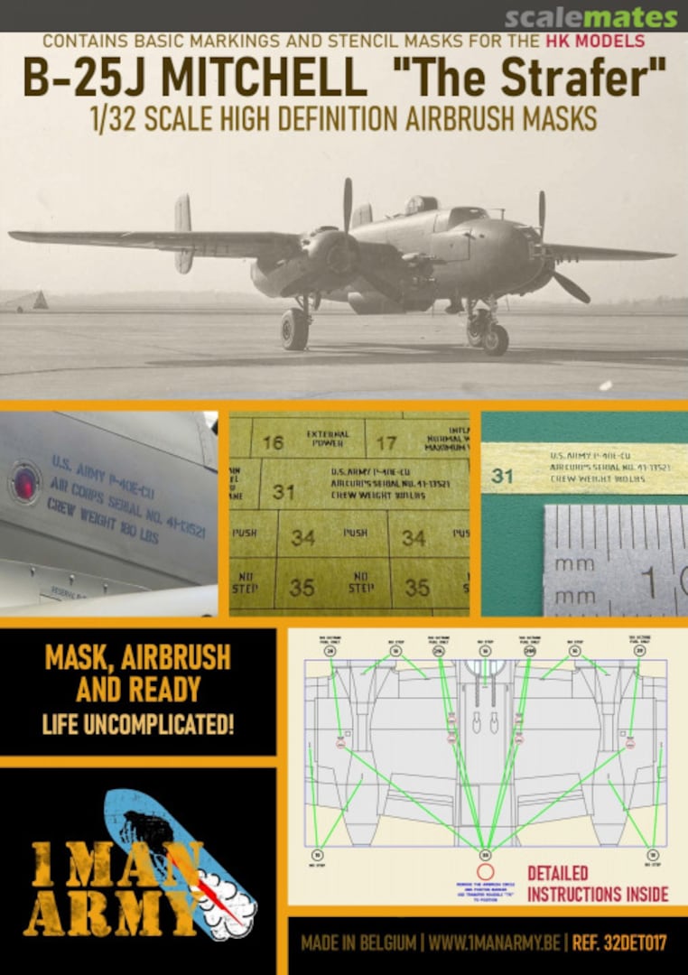 Boxart B-25J Mitchell 'THE STRAFER' stencilling and national insignia masks 32DET017 1ManArmy Boxart B-25J Mitchell 'THE STRAFER' stencilling and national insignia masks 32DET017 1ManArmy