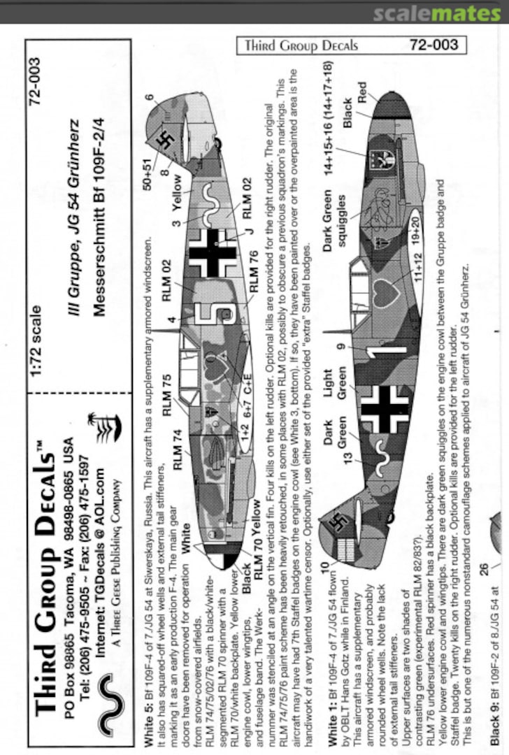Contents III Gruppe, JG 54 Grunherz 72-003 Third Group Decals