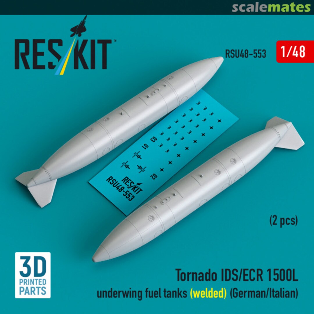 Boxart Tornado IDS/ECR - 1500L underwing fuel tanks (welded) (German AF / Italian AF) (2 pcs) (3D Printed) RSU48-0553 ResKit Boxart Tornado IDS/ECR - 1500L underwing fuel tanks (welded) (German AF / Italian AF) (2 pcs) (3D Printed) RSU48-0553 ResKit