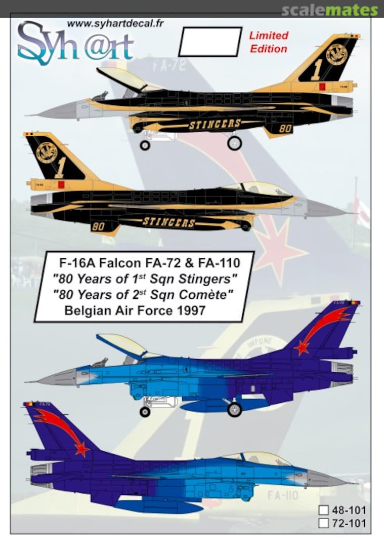 Boxart F-16A Falcon FA-72 & FA-110 "80 Years of 1st Sqn Stingers" "80 Years of 2nd Sqn Comète" Belgian Air Force 1997 72-101 Syhart Boxart F-16A Falcon FA-72 & FA-110 "80 Years of 1st Sqn Stingers" "80 Years of 2nd Sqn Comète" Belgian Air Force 1997 72-101 Syhart