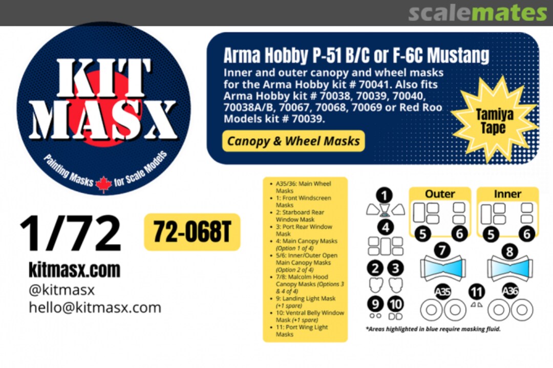 Boxart P-51B/C or F-6C Mustang, canopy & wheel masks 72-068T Kit Masx Boxart P-51B/C or F-6C Mustang, canopy & wheel masks 72-068T Kit Masx