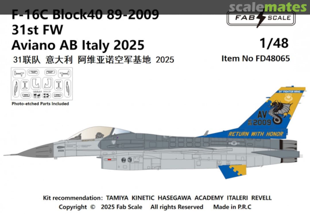 Boxart F-16C Block40 89-2009 31st FW Aviano AB Italy 2025 FD48065 Fab Scale Boxart F-16C Block40 89-2009 31st FW Aviano AB Italy 2025 FD48065 Fab Scale