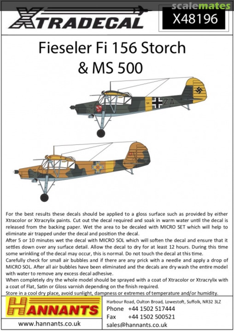 Boxart Fieseler Fi-156C Storch & MS 500 X48196 Xtradecal