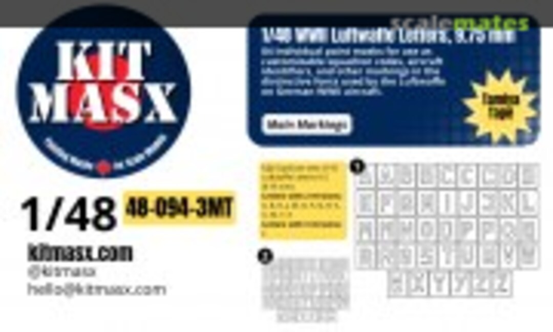 1:48 WWII Luftwaffe Numbers (9.75mm), main markings masks (Kit Masx 48-094-3MT) 48-094-3MT