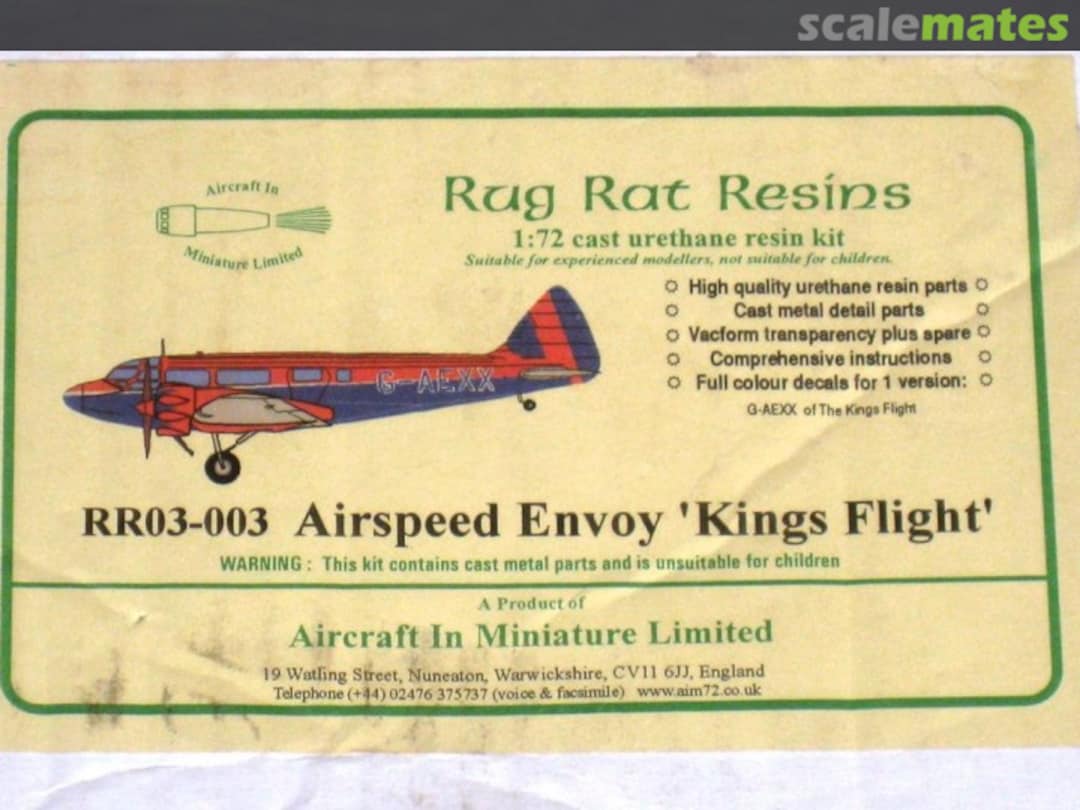 Boxart Airspeed Envoy 'Kings Flight' RR03-003 Aircraft In Miniature Ltd Boxart Airspeed Envoy 'Kings Flight' RR03-003 Aircraft In Miniature Ltd