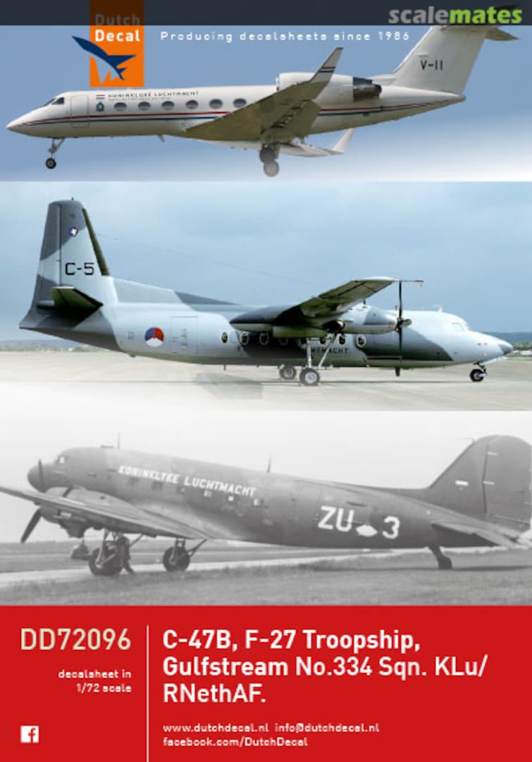 Boxart C-47B, F-27 Troopship, Gulfstream DD72096 Dutch Decal Boxart C-47B, F-27 Troopship, Gulfstream DD72096 Dutch Decal