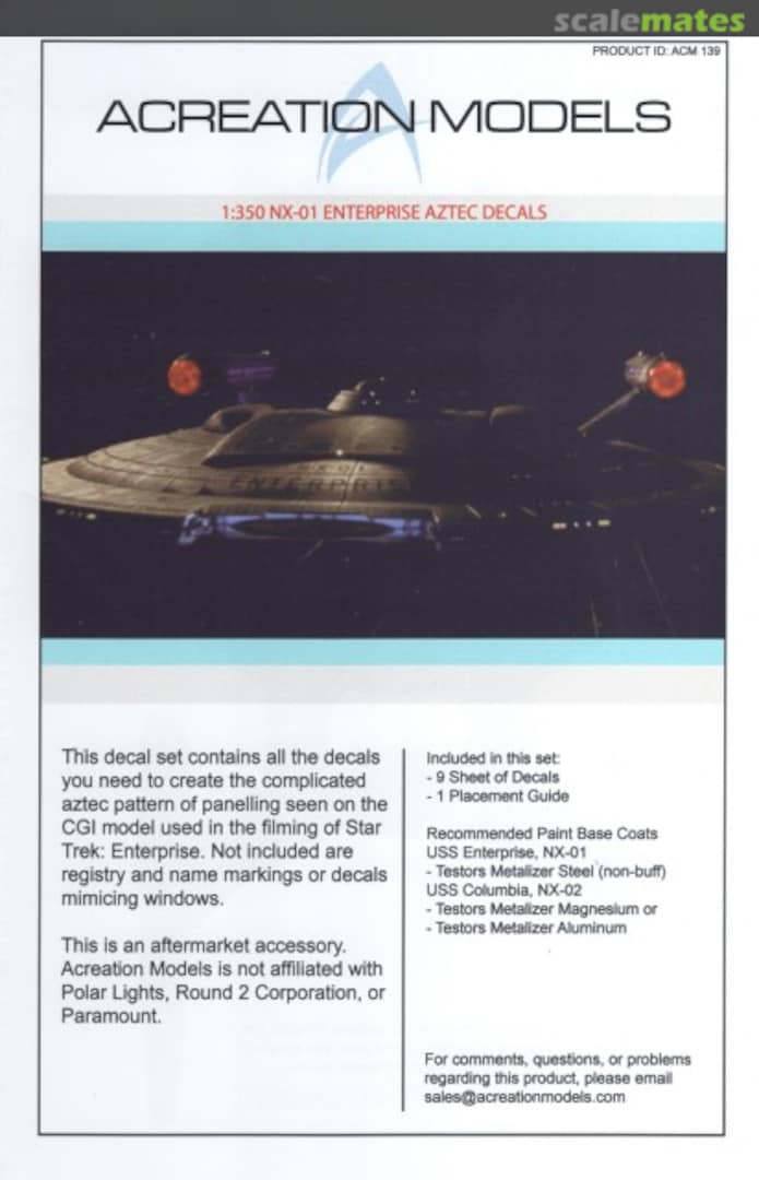 Boxart NX-01 Enterprise Aztec Decals ACM 139 Acreation Models