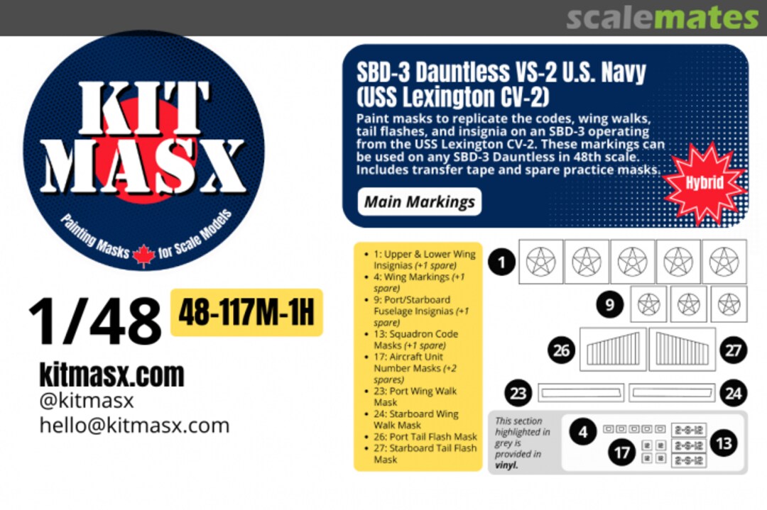Boxart SBD-3 Dauntless VS-2 US Navy (USS Lexington CV-2), main markings masks 48-117M-1H Kit Masx Boxart SBD-3 Dauntless VS-2 US Navy (USS Lexington CV-2), main markings masks 48-117M-1H Kit Masx