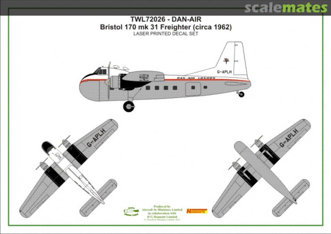 Boxart Dan-Air Bristol 170 Freighter Mk. 31 (circa 1962) decal set TWL72026 Aircraft In Miniature Ltd