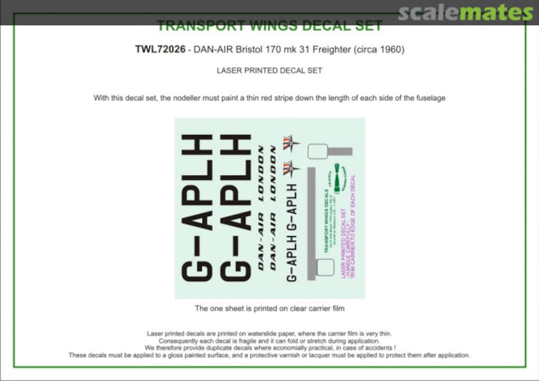 Contents Dan-Air Bristol 170 Freighter Mk. 31 (circa 1962) decal set TWL72026 Aircraft In Miniature Ltd