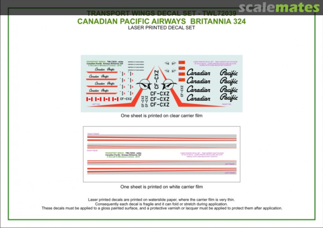 Contents Canadian Pacific Airways Britannia 314 (circa 1961) decal set TWL72039 Aircraft In Miniature Ltd Contents Canadian Pacific Airways Britannia 314 (circa 1961) decal set TWL72039 Aircraft In Miniature Ltd