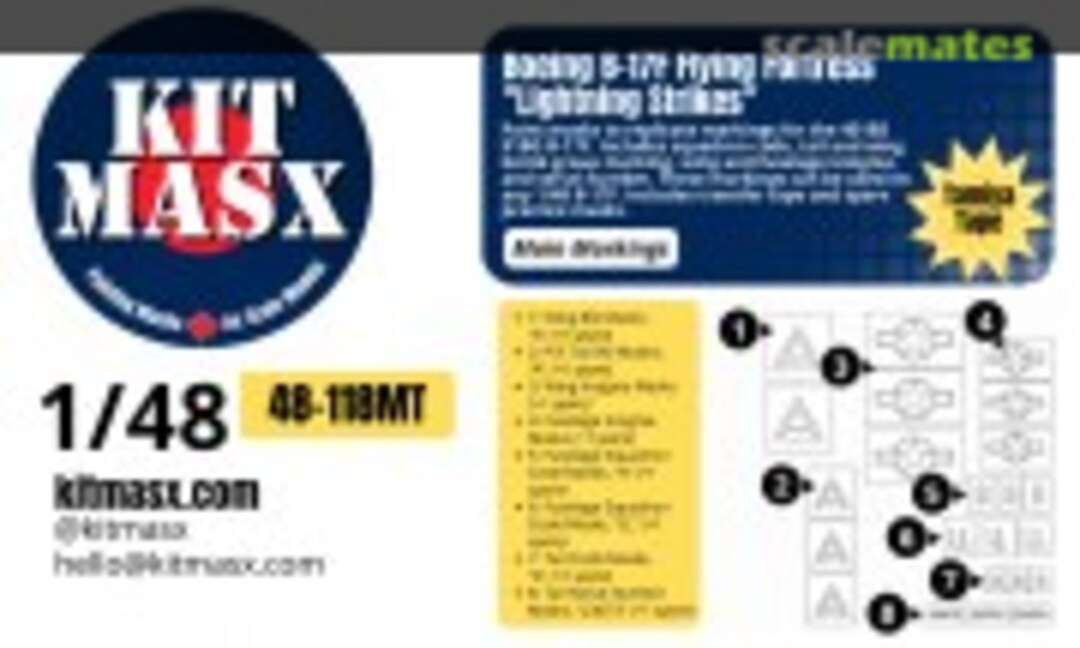 1:48 Boeing B17F Flying Fortress 'Lighting Strikes', main markings masks (Kit Masx 48-118MT) 48-118MT