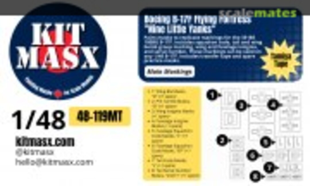 1:48 Boeing B17F Flying Fortress 'Nine Little Yanks', main markings masks (Kit Masx 48-119MT) 48-119MT