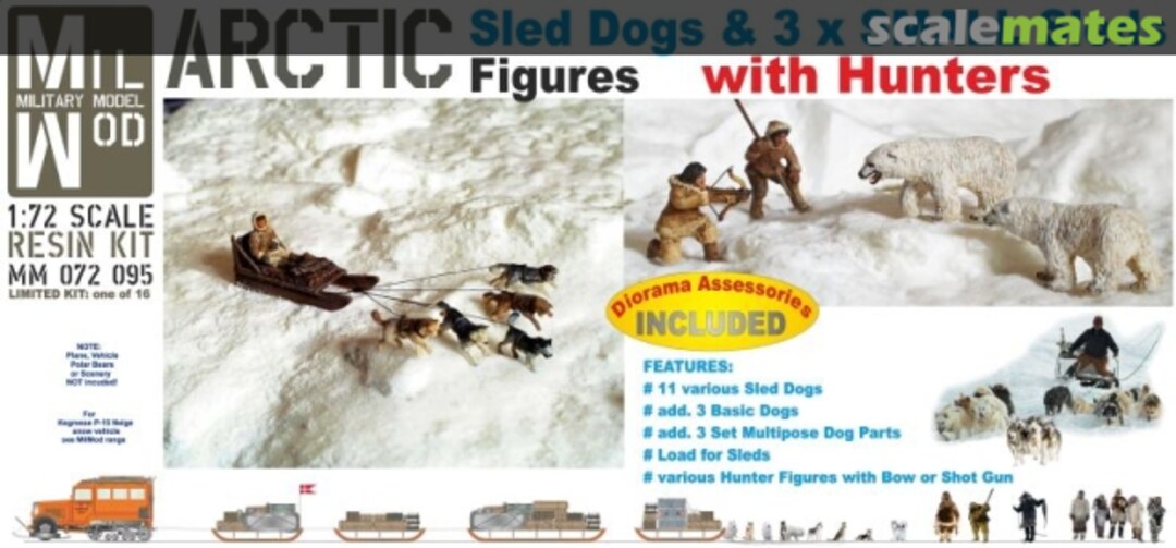 Boxart Arctic Sled Dogs & 3x Small Sleds with Hunters MM 072 095 Mil Mod