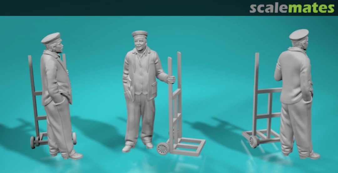 Boxart Railway worker / baggage worker with trolley - set 99204700-48 EMP3d Boxart Railway worker / baggage worker with trolley - set 99204700-48 EMP3d
