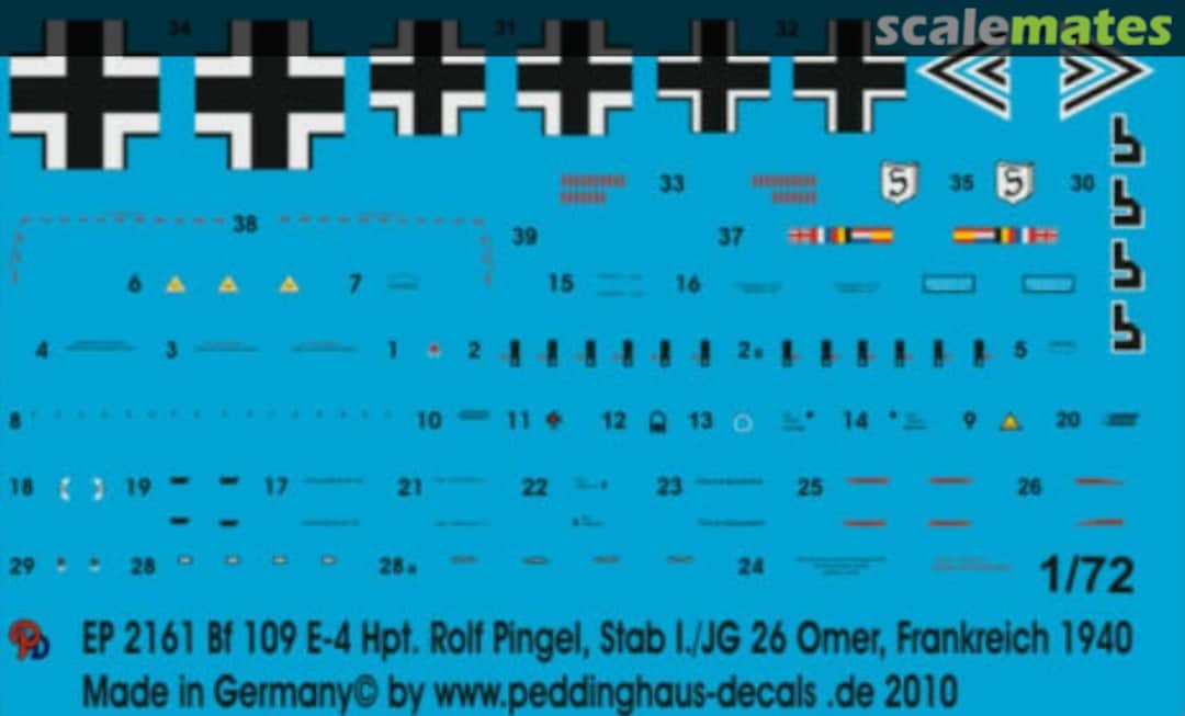 Boxart Bf 109 E-4 Hpt. Rolf Pingel I/JG 26 St. Omer, Frankreich 1940 EP 2161 Peddinghaus-Decals Boxart Bf 109 E-4 Hpt. Rolf Pingel I/JG 26 St. Omer, Frankreich 1940 EP 2161 Peddinghaus-Decals