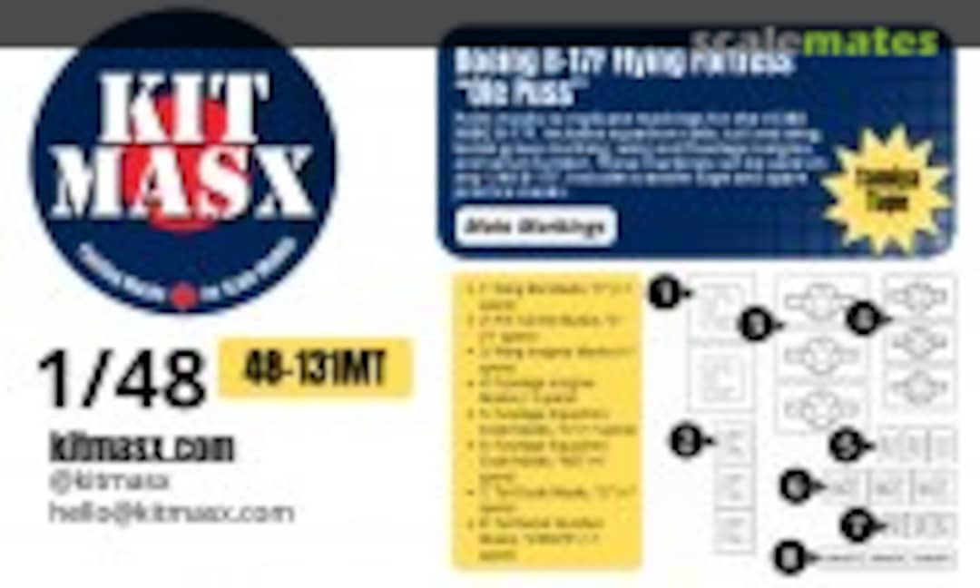 1:48 Boeing B17F Flying Fortress 'Ole Puss', main markings masks (Kit Masx 48-131MT) 48-131MT