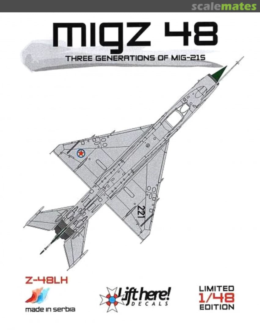 Boxart "Migz 48" Three Generation of Mig-21s Z-48LH Lift Here Decals Boxart "Migz 48" Three Generation of Mig-21s Z-48LH Lift Here Decals