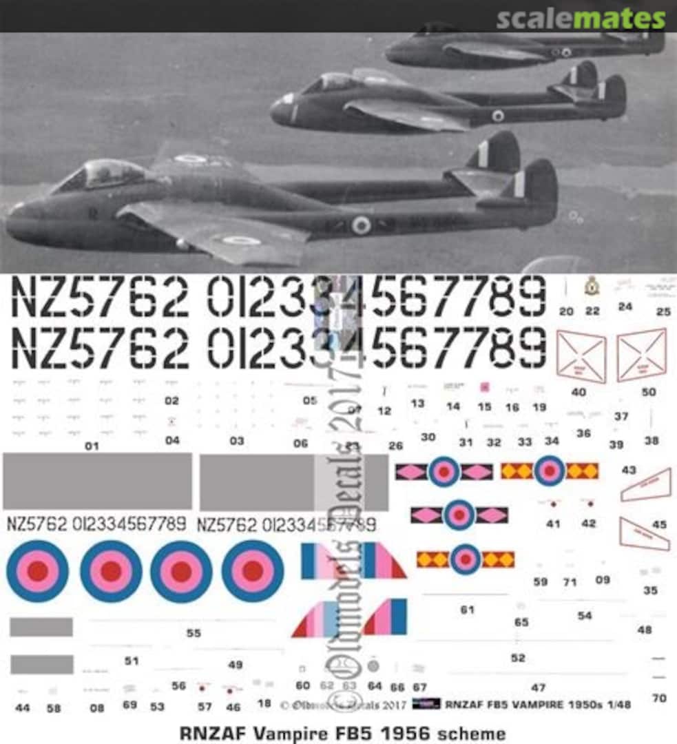 Boxart RNZAF Vampire FB5 1950s camo scheme OMD1184A Oldmodels Decals Boxart RNZAF Vampire FB5 1950s camo scheme OMD1184A Oldmodels Decals