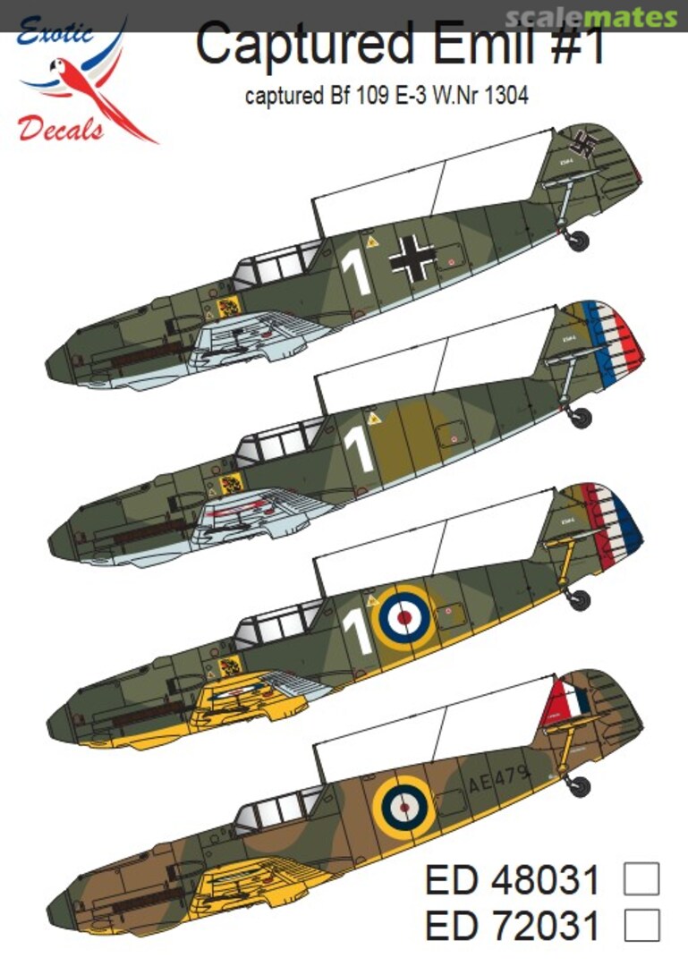 Boxart Captured Emil #1 - captured Bf 109 E-3 W.Nr 1304 ED72031 Exotic Decals Boxart Captured Emil #1 - captured Bf 109 E-3 W.Nr 1304 ED72031 Exotic Decals